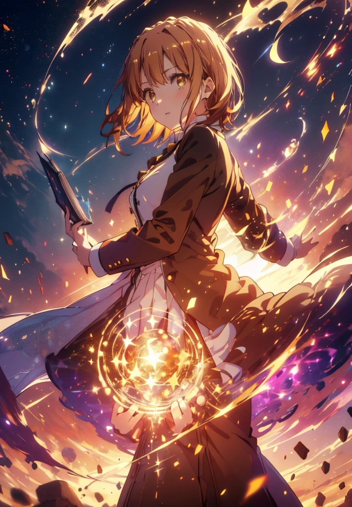 Irohaisshiki, isshiki iroha, Short Hair, Brown Hair, (Brown eyes:1.5), smile,((Night Sky)),((Big full moon)),((Sparkling and colorful stars)),Fluffy hair,((Idol style costume with soft volume)),Long skirt,Holding a magic book in his right hand,Uses magic with left hand,((witch)),Rubik's Square,
break outdoors, forest,forest
break looking at viewer,Upper Body,
break (masterpiece:1.2), Highest quality, High resolution, unity 8k wallpaper, (shape:0.8), (Narrow and beautiful eyes:1.6), Highly detailed face, Perfect lighting, Highly detailed CG, (Perfect hands, Perfect Anatomy),