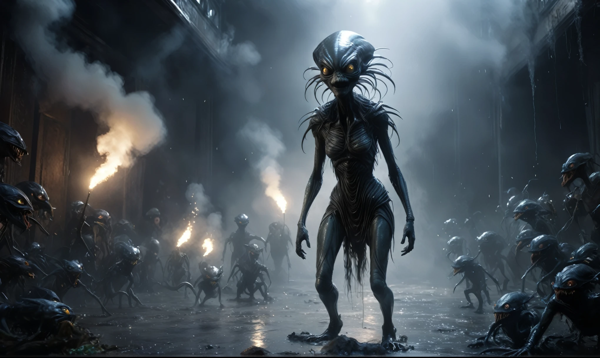 full body length,niobium goblin,native somali xenomorph,once pretty face,eyebrow up,full body shot,ominous landscape,niobium gray atmosphere,photo,photorealism,Masterpiece,natural skin textures, hyper realism,hyper detailed,High contrast,Realism,Ultra Detailed,irina yermolova,close full body shot,32K resolution,Nikon Z9, ,demonic, dust, smoke, audience, mist, featuring ultra-realistic and hyper-realistic elements,
Marta Bevacqua, Ellen Jewett, Kawacy, Katsuya Terada, Carne Griffiths, explosive lightning, concert lighting, bokeh, luminal space that feels
both bright and surreal. Includes liquid fluid elements for added depth and movement. Rendered in an unreal
engine and post-processed to achieve . Evokes a sense of dreamy, ethereal
and mystical mood,horror pixar movie still,thriller disney movie ,pixar render, animated