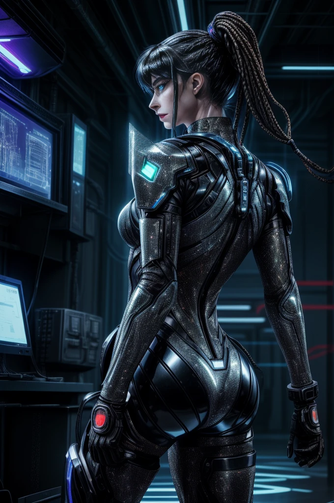 Rear view of Anne Hathaway striking in an imposing futuristic post-apocalyptic cyberpunk environment full of technological details. The woman has rich, deep skin, with tones that glow under the scene's neon lighting. Her hair is a bold combination of dreadlocks and braids, decorated with metallic threads and small LEDs that blink softly, reflecting the colorful lights in the room. His face is sculpted with strong, elegant features, highlighting piercing eyes that glow with a cybernetic blue intensity. She wears metallic makeup, with silver shadows and lips painted an intense purple, adding a touch of mystery and power. His athletic body is encased in a futuristic combat suit made from synthetic and metallic materials. The look is a combination of black, silver and neon blue, with details that suggest high technology, such as embedded circuits and light panels. Plates of armor protect his shoulders, arms, and legs, while cables and wires connect to devices on his body, indicating a perfect fusion between human and machine. giving it a vivid and dynamic, hyper-realistic cinematic look.
