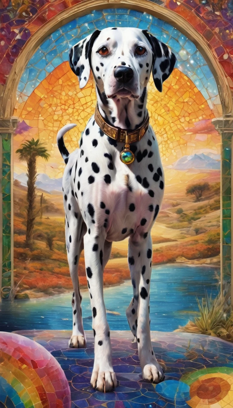 Dalmatian dog, In the center of the image , Lenormand Oracle,Beautiful line art photos，Use gold strokes and rainbow paint，Golden Maiden，Golden Ratio，Melted wax，Visible brushstrokes，Surrounded by a crystal ball，3D Mosaic Wireframe，neuroimaging，Neurons，color，California，Passion，Oil on canvas，Thick strokes，Crazy details，8k ultra high definition，masterpiece，Art Station，Surrealism，