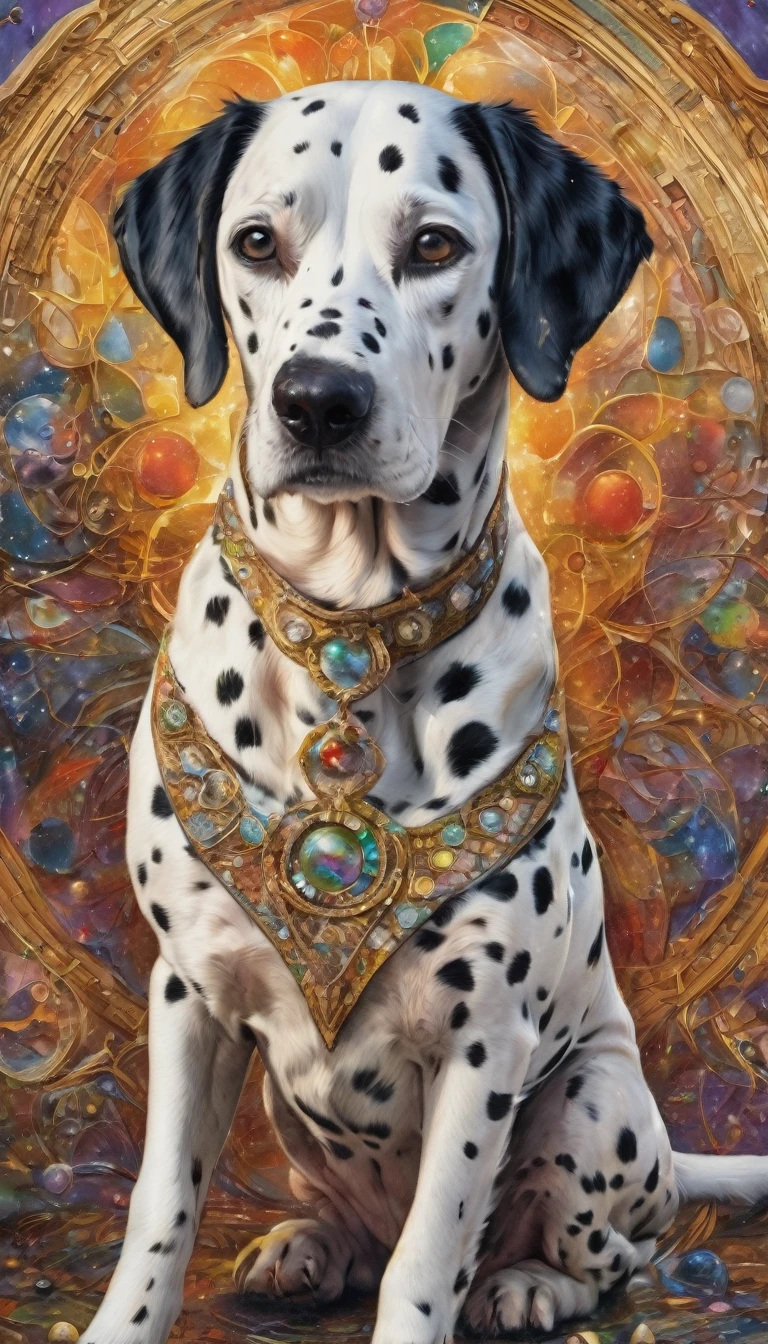 Dalmatian dog, In the center of the image , Lenormand Oracle,Beautiful line art photos,Use gold strokes and rainbow paint,Golden Maiden,Golden Ratio,Melted wax,Visible brushstrokes,Surrounded by a crystal ball,3D Mosaic Wireframe,neuroimaging,Neurons,color,California,Passion,Oil on canvas,Thick strokes,Crazy details,8k ultra high definition,masterpiece,Art Station,Surrealism,