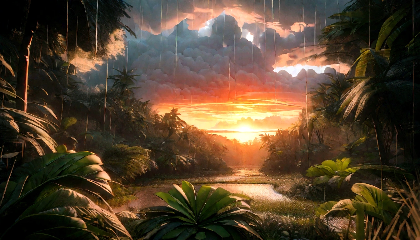 ((masterpiece)), ((best quality)), ((Extremely detailed)), (Astonishing:1.1), beautiful, nature, sky and ground, (Sunrise Time), Strong wind, Rain, Line Cloud,Rays of light coming from the clouds, Located in a remote jungle, Award-winning photos, BLN-L24, touch,High contrast,Low saturation,High saturation 8k 3D, F2.8 Lenses, Aerial View,