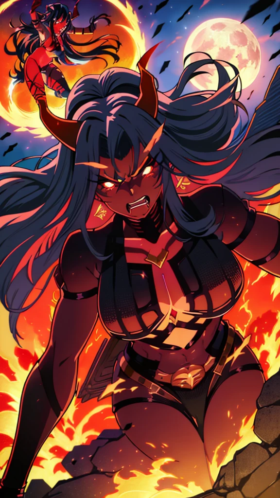 1girl,adult,fit,30s,solo,sensual,black armor,cleavage,pointy ears,black hair,long hair,(((red skin,colored skin))),night,moon,flying,evil,angry,dynamic pose, horns,fire magic,lady demon,