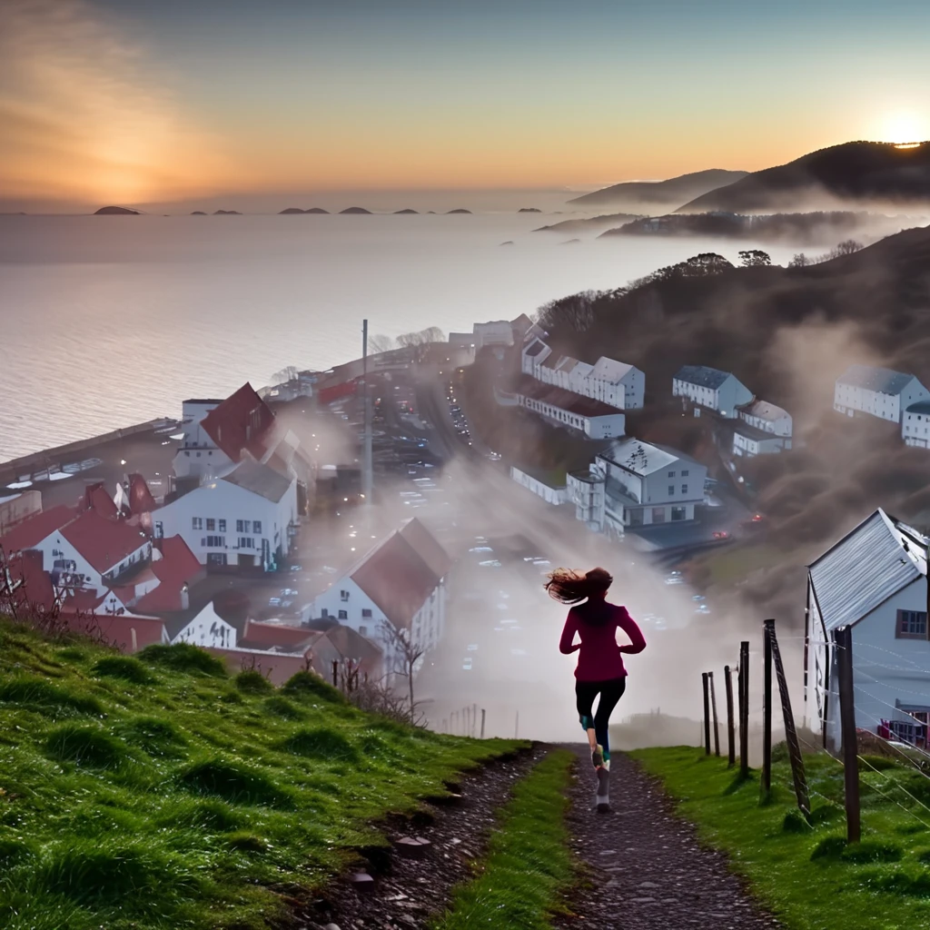 Woman running up a steep hill in a misty rural town at sunrise、Distant and Near Views、Smoke coming from the chimneys of an old rusty factory near the bay and port、Cinematic lighting、Dramatic atmosphere、8K、high quality、Photorealistic、Detailed landscape、Moody colors、Volumetric lighting、Hazy environment、