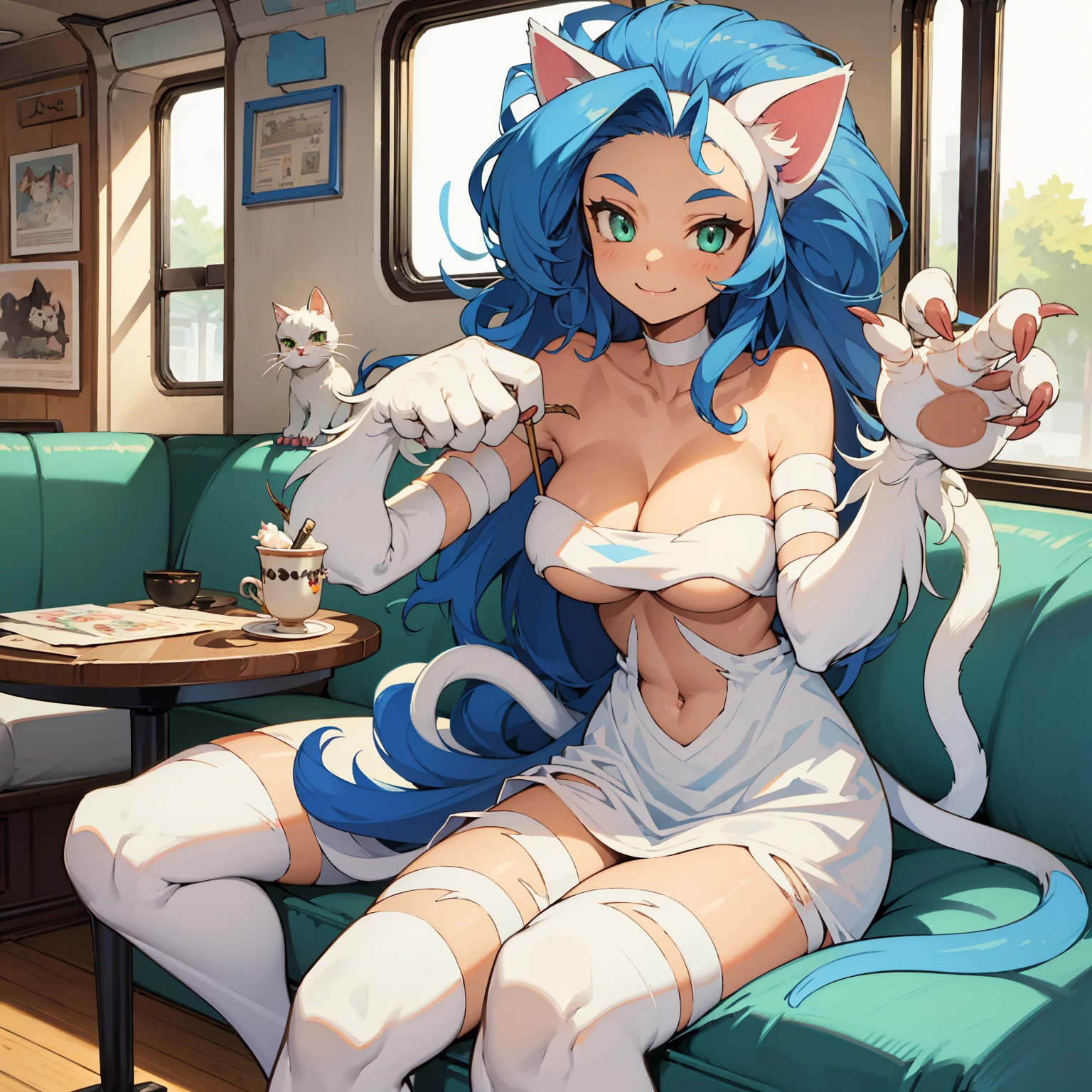 Felicia, blue hair, green eyes, cute smile, happy, big breats, big ass, in a train with a cat theme, sitting in a table drinking coffe.