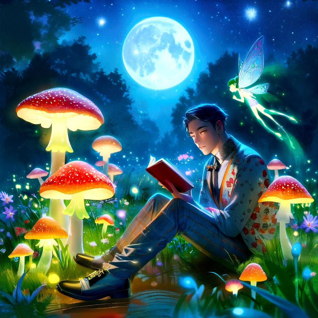 "Several neon-lit Amanita muscaria mushrooms live among the grass at night. The reflection of the moonlight creates a beautiful picture. A handsome Korean man wearing trendy and cool clothes sits peacefully while reading a book accompanied by beautiful fairies flying like fireflies