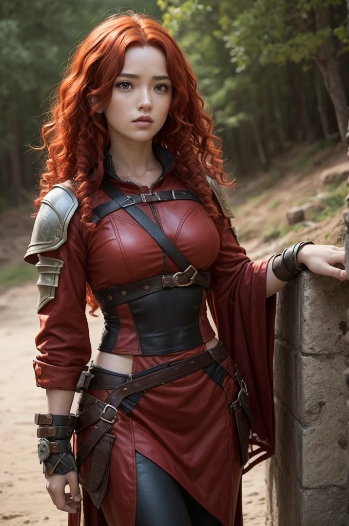 A female character with curly red hair who wears warrior clothing