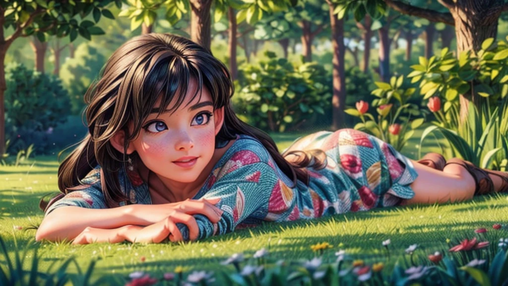 a girl lying in a grassy field, waiting for the sunrise, beautiful detailed eyes, beautiful detailed lips, extremely detailed eyes and face, longeyelashes, serene expression, peaceful, (best quality,4k,8k,highres,masterpiece:1.2),ultra-detailed,(realistic,photorealistic,photo-realistic:1.37),landscape, natural lighting, golden hour, warm colors, vibrant, scenic