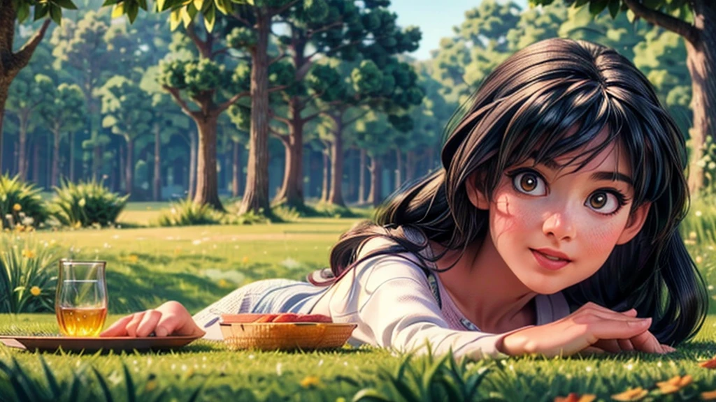 a girl lying in a grassy field, waiting for the sunrise, beautiful detailed eyes, beautiful detailed lips, extremely detailed eyes and face, longeyelashes, serene expression, peaceful, (best quality,4k,8k,highres,masterpiece:1.2),ultra-detailed,(realistic,photorealistic,photo-realistic:1.37),landscape, natural lighting, golden hour, warm colors, vibrant, scenic