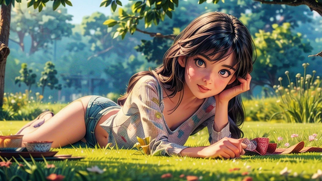 a girl lying in a grassy field, waiting for the sunrise, beautiful detailed eyes, beautiful detailed lips, extremely detailed eyes and face, longeyelashes, serene expression, peaceful, (best quality,4k,8k,highres,masterpiece:1.2),ultra-detailed,(realistic,photorealistic,photo-realistic:1.37),landscape, natural lighting, golden hour, warm colors, vibrant, scenic