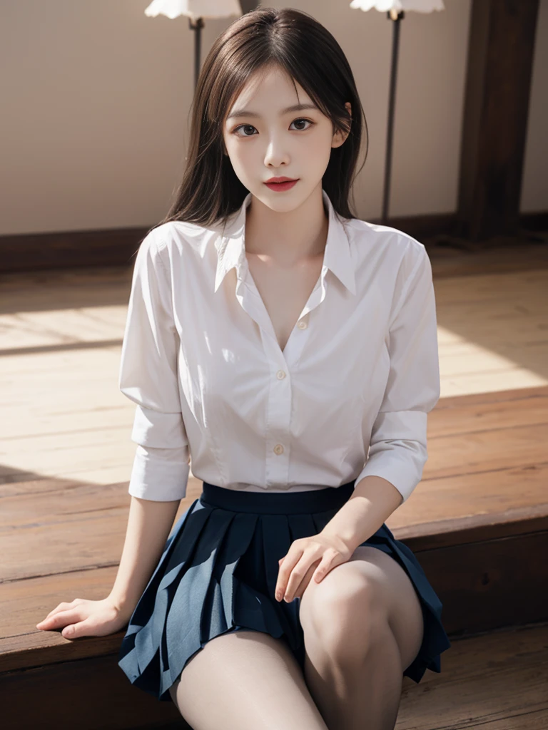 ultra Practical 8k cg, picture-Perfect face, Flawless, Clean, masterpiece, Professional artwork, Famous Artworks, Perfect face, Pretty Face, beautiful Eye, ((Perfect female body)), Solitary,(Immersive atmosphere, Chiaroscuro:1.5,Bright Light:1.2,Luminous lighting)
,,(blush:0.5),Expression,Extremely detailed_Eye,Thick thighs,Large Breasts,
Beautiful and detailed background,Depth of Field,Practical:1.3, Long Shot,1 Girl,shirt,Pleated Skirt, , sit, whole body,
(Ambient Light:1.3),(Composition:1.3),(Neon:0.1),(Human Development Report:0.1),Accent Lighting, White pantyhose,