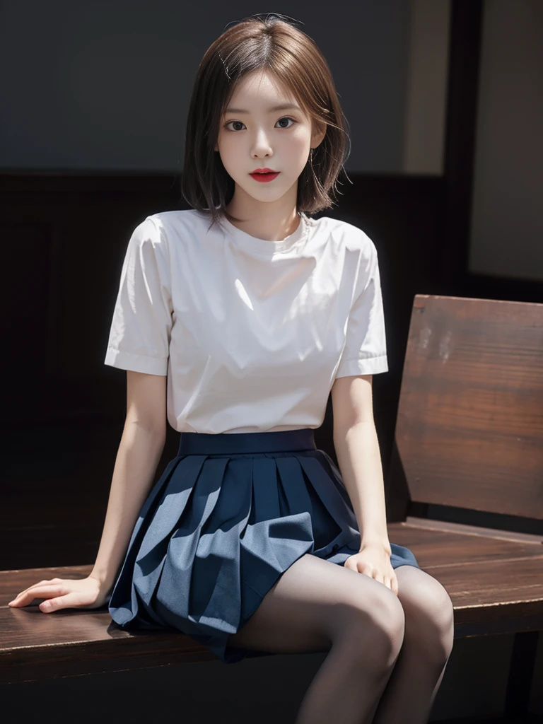 ultra Practical 8k cg, picture-Perfect face, Flawless, Clean, masterpiece, Professional artwork, Famous Artworks, Perfect face, Pretty Face, beautiful Eye, ((Perfect female body)), Solitary,(Immersive atmosphere, Chiaroscuro:1.5,Bright Light:1.2,Luminous lighting)
,,(blush:0.5),Expression,Extremely detailed_Eye,Thick thighs,Large Breasts,
Beautiful and detailed background,Depth of Field,Practical:1.3, Long Shot,1 Girl,shirt,Pleated Skirt, , sit, whole body,
(Ambient Light:1.3),(Composition:1.3),(Neon:0.1),(Human Development Report:0.1),Accent Lighting, White pantyhose,