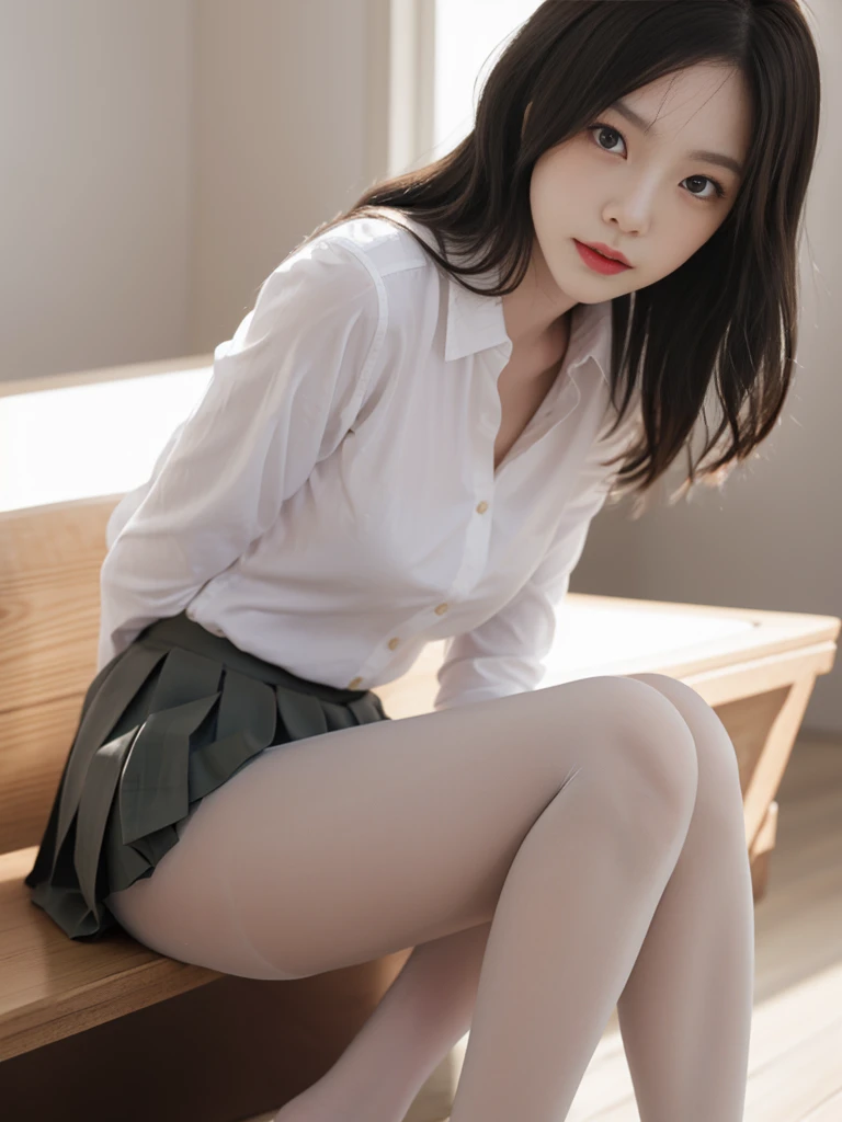 ultra Practical 8k cg, picture-Perfect face, Flawless, Clean, masterpiece, Professional artwork, Famous Artworks, Perfect face, Pretty Face, beautiful Eye, ((Perfect female body)), Solitary,(Immersive atmosphere, Chiaroscuro:1.5,Bright Light:1.2,Luminous lighting)
,,(blush:0.5),Expression,Extremely detailed_Eye,Thick thighs,Large Breasts,
Beautiful and detailed background,Depth of Field,Practical:1.3, Long Shot,1 Girl,shirt,Pleated Skirt, , sit, whole body,
(Ambient Light:1.3),(Composition:1.3),(Neon:0.1),(Human Development Report:0.1),Accent Lighting, White pantyhose,