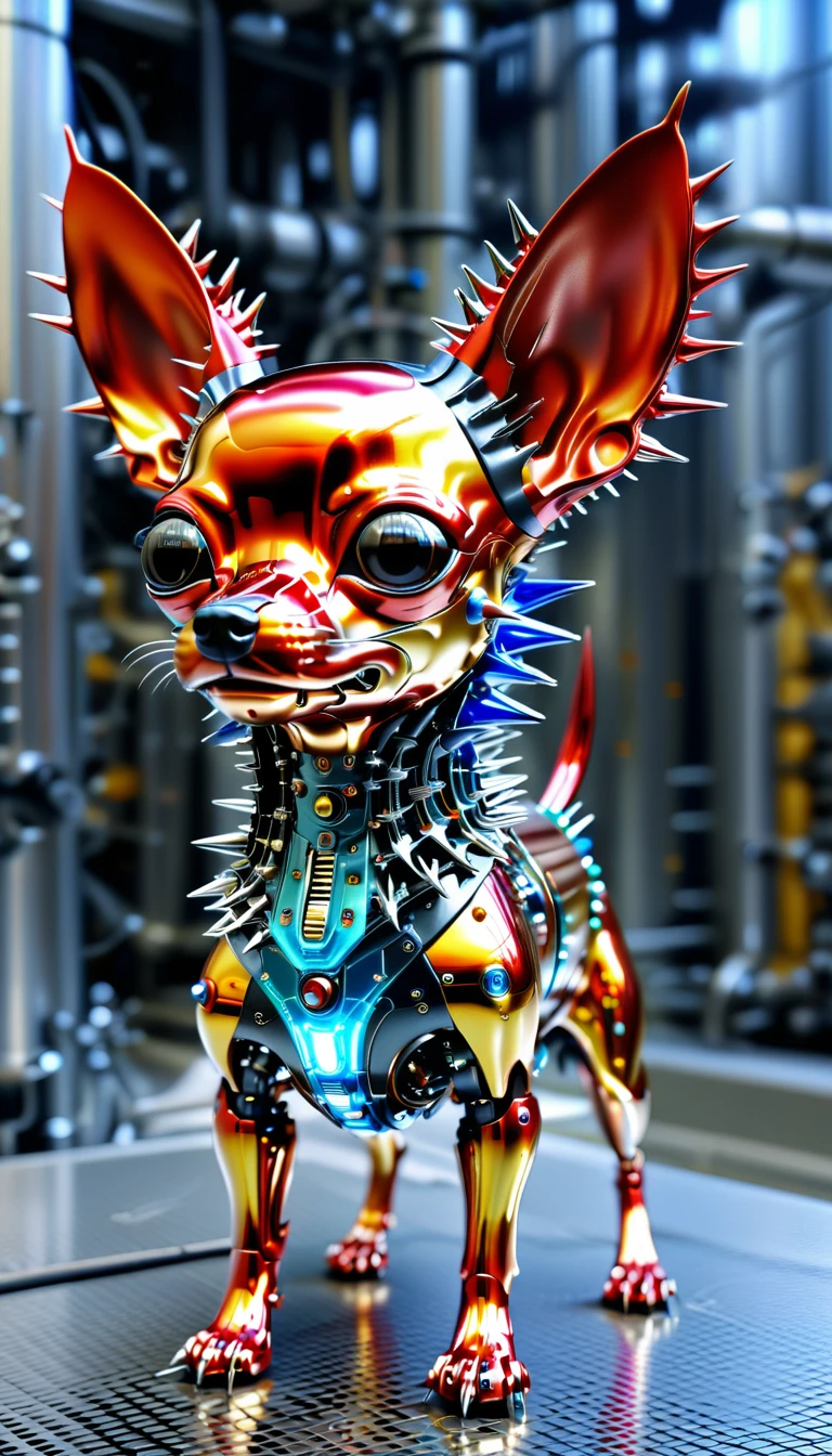 There is no one, Reality Photos, Reality Photos, Realistic photo of a chihuahua-like creature, spikes, multicolored sparkling, strange and, Surreal and, the other world, A robotic factory with a shiny assembly plant, intricate details, very sharp, Sophisticated details, Flawless composition, vivid colors, masterpiece, futuristic, metal decoration, The shiny red interior is empty., polished, ray tracing