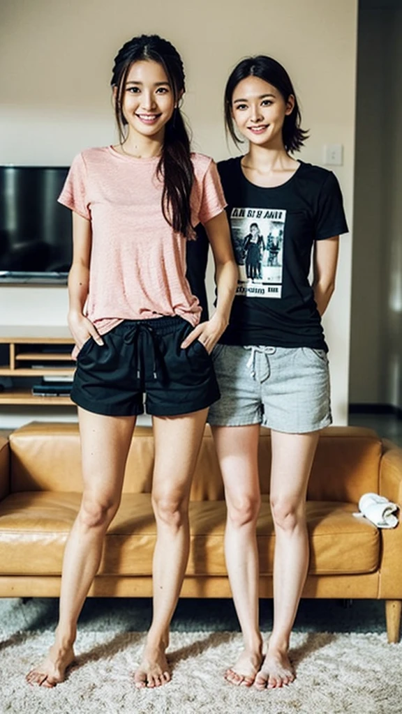 (Highest quality:1.5), (Real:1.4), (Ultra high definition:1.4), (1 Japanese skinny woman in her twenties), (skinny body), skinny face, (Plain T-shirt), (Plain shorts), barefoot, (skinny woman is standing in living room at home), (20's skinny woman is standing with t-shirt and shorts in living room), (front view of a skinny woman), Living room at home, Cowboy Shot, (smile), (Turn your body forward), (upright), (skinny), (skinny), (Very thin)