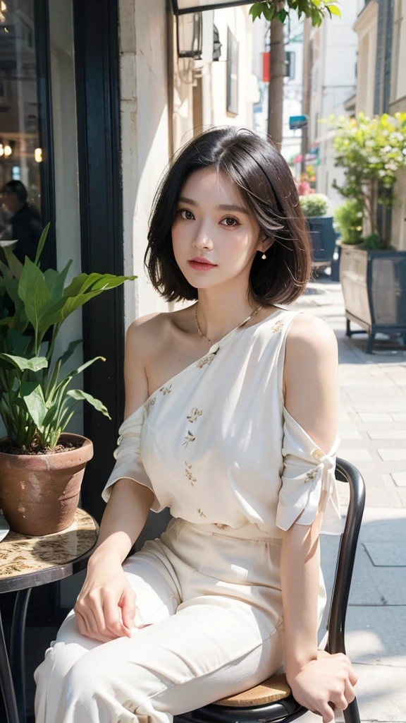 A stunning middle-aged woman with shoulder-length, straight black hair, sitting at an outdoor café in the city. She is dressed in a chic white blouse with floral patterns and a pair of beige capri pants. The background features a bustling city street with people walking by, potted plants around the café, and a warm summer glow. High-resolution, realistic depiction.