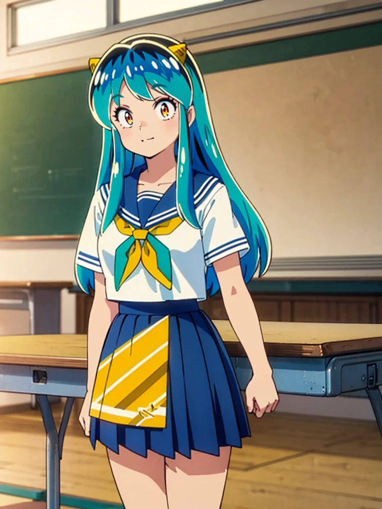 masterpiece, Highest quality, 1 Girl, Lum, Sailor suit, Summer clothes, Navy Blue Skirt, uniform, anime, Charm, 18-year-old, sexy, Stand with your feet apart, Japan, High definition, From before, classroom, Green Hair, Cowboy Shot, smile, Yellow neckerchief, 1980年代animeスタイル, White socks, Orange sneakers