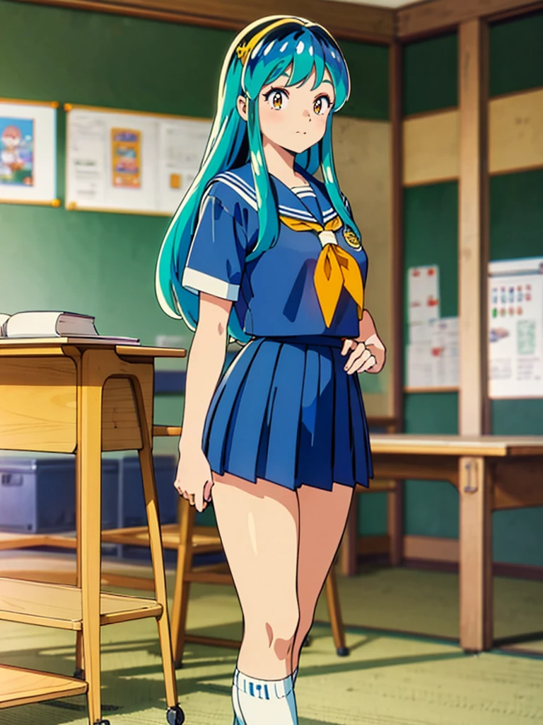 masterpiece, Highest quality, 1 Girl, Lum, Sailor suit, Summer clothes, Navy Blue Skirt, uniform, anime, Charm, 18-year-old, sexy, Stand with your feet apart, Japan, High definition, From before, classroom, Green Hair, Cowboy Shot, smile, Yellow neckerchief, 1980年代animeスタイル, White socks, Orange sneakers