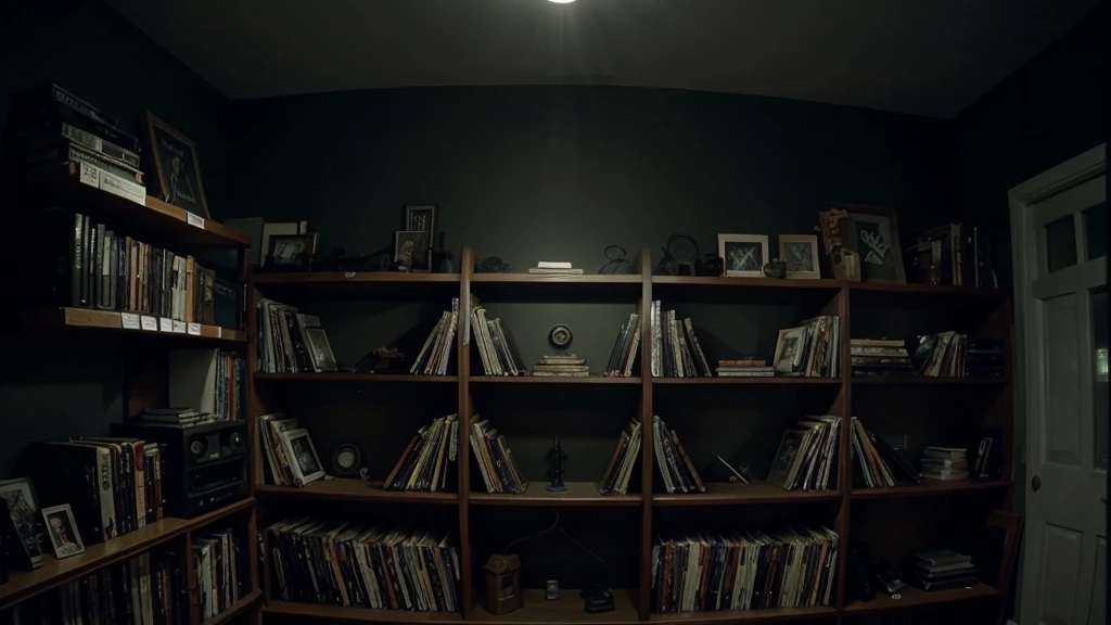 Shelves full vhs, found footage filter, paranormal, midnight, mysterious atmosphere, symmetrical composition, night vision camera 