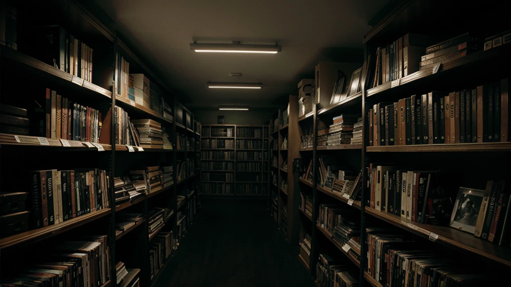 Shelves full vhs, found footage filter, paranormal, midnight, mysterious atmosphere, symmetrical composition, night vision camera 