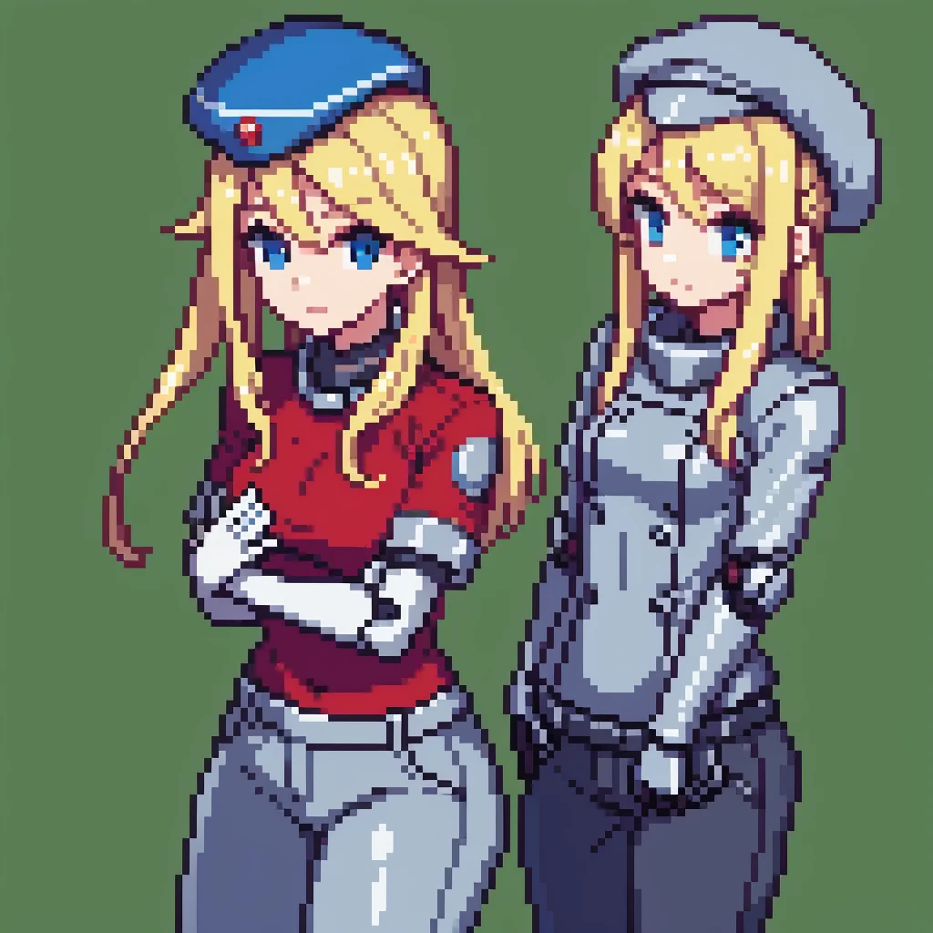 1girl, long blonde hair, blue eyes, gray beret, red t-shirt white robotic gloves implants, gray pants, grassland on background