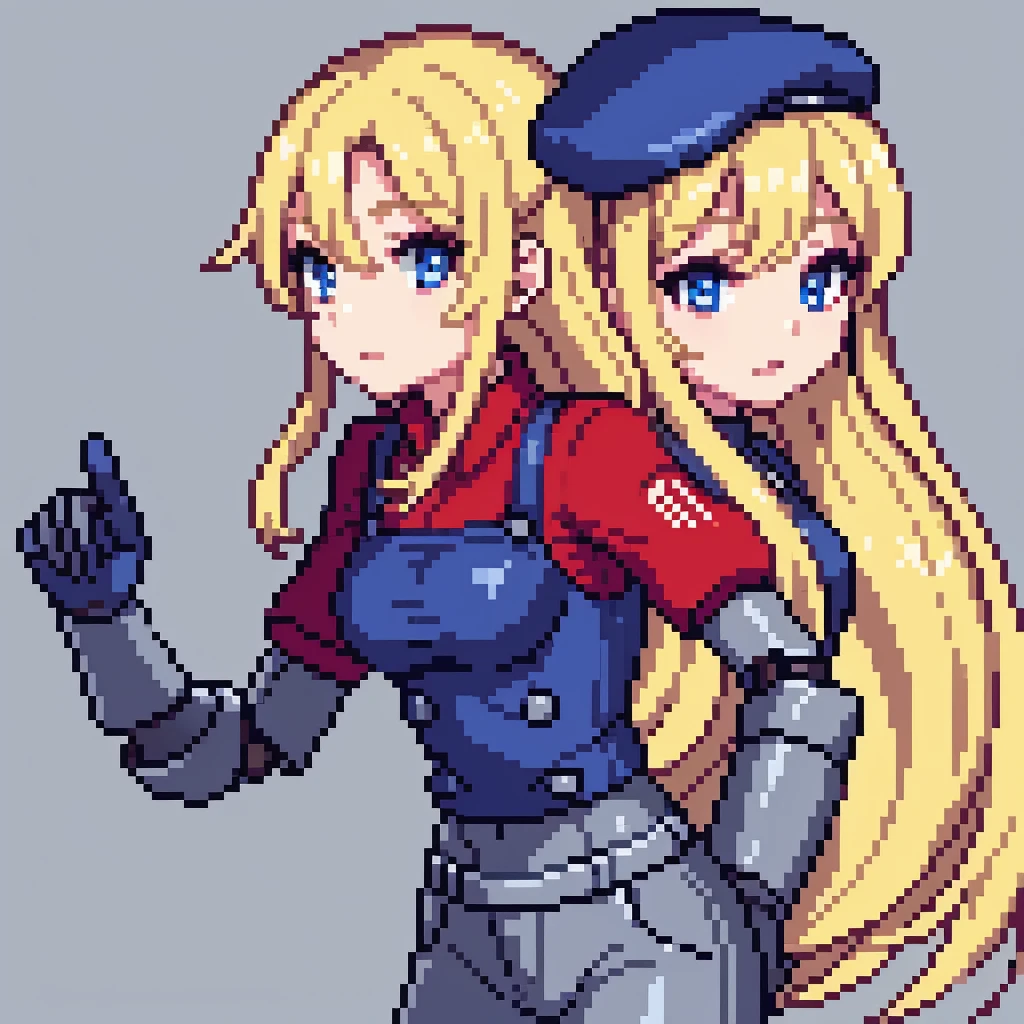 1girl, long blonde hair, blue eyes, gray beret, red t-shirt white robotic gloves implants, gray pants, grassland on background