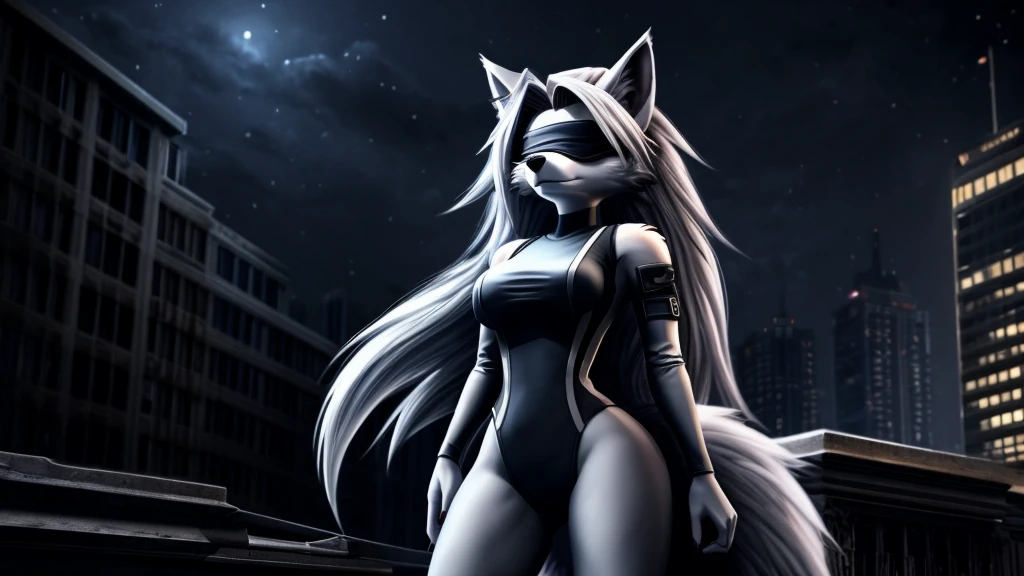 Loona from Helluva Boss, female white wolf, anthro, mature adult, fluffy short white hair, blindfold, white combat bodysuit, standing, dark, night, above a building, serious, detailed, solo, beautiful, high quality, 4K