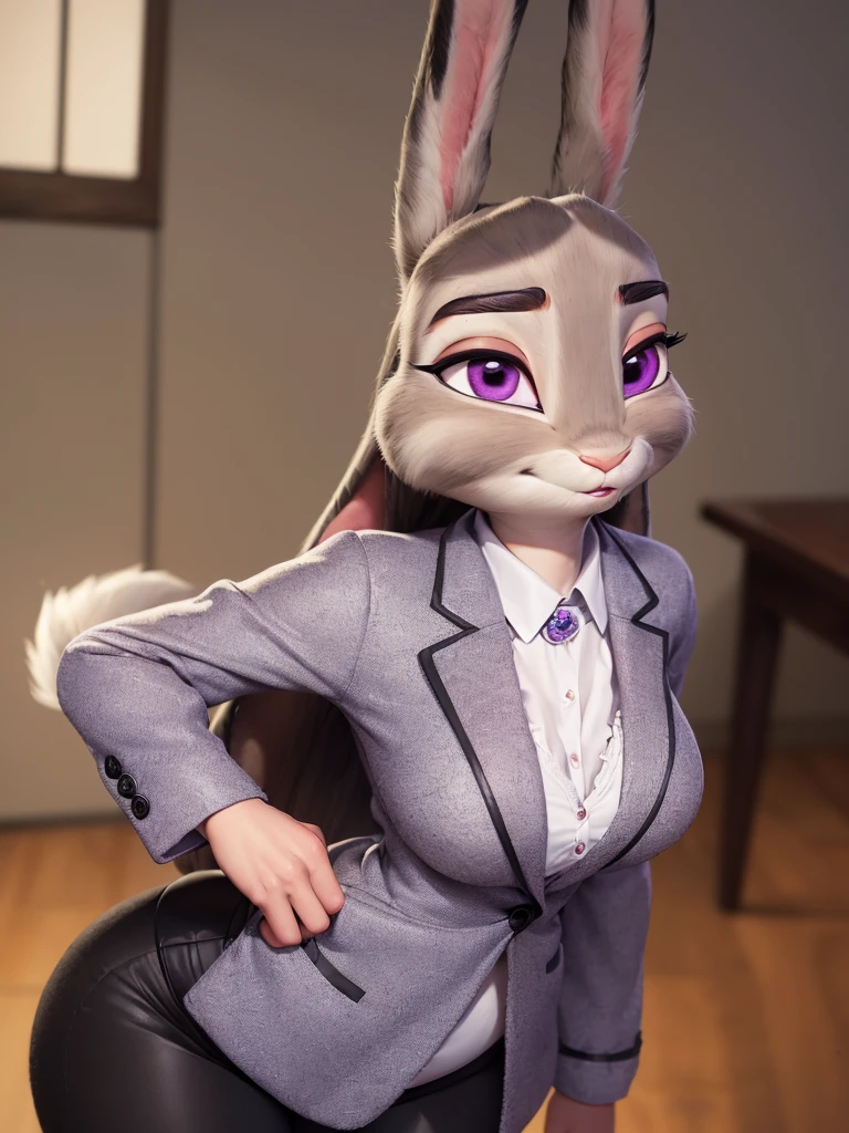 best quality,
masterpiece,
super detail,
3D,
Portrait,
fun atmosphere,
(((solo))),
(((1 female))),
furry,
anthropomorphic female
fine coat,
bloom office,
(Face is JudyHopps:1.4),
(straight hair:1.3),
(see-through bangs:1.3),
wispy bangs,
bright purple eyes,
(arched eyebrows:1.3),
(uplift eyebrows:1.1),
(rabbit ears:1.1),
Body is NamiFinal,
Body covered with rabbit fur,
(body is gray with fluffy and fluffy:1.3),
(skin is wool fabric with fluffy and fluffy:1.3),
office lady is wearing suit,
((White blouse)),
((Black blazer jacket)),
((Black pants)),
clothes made of cotton,