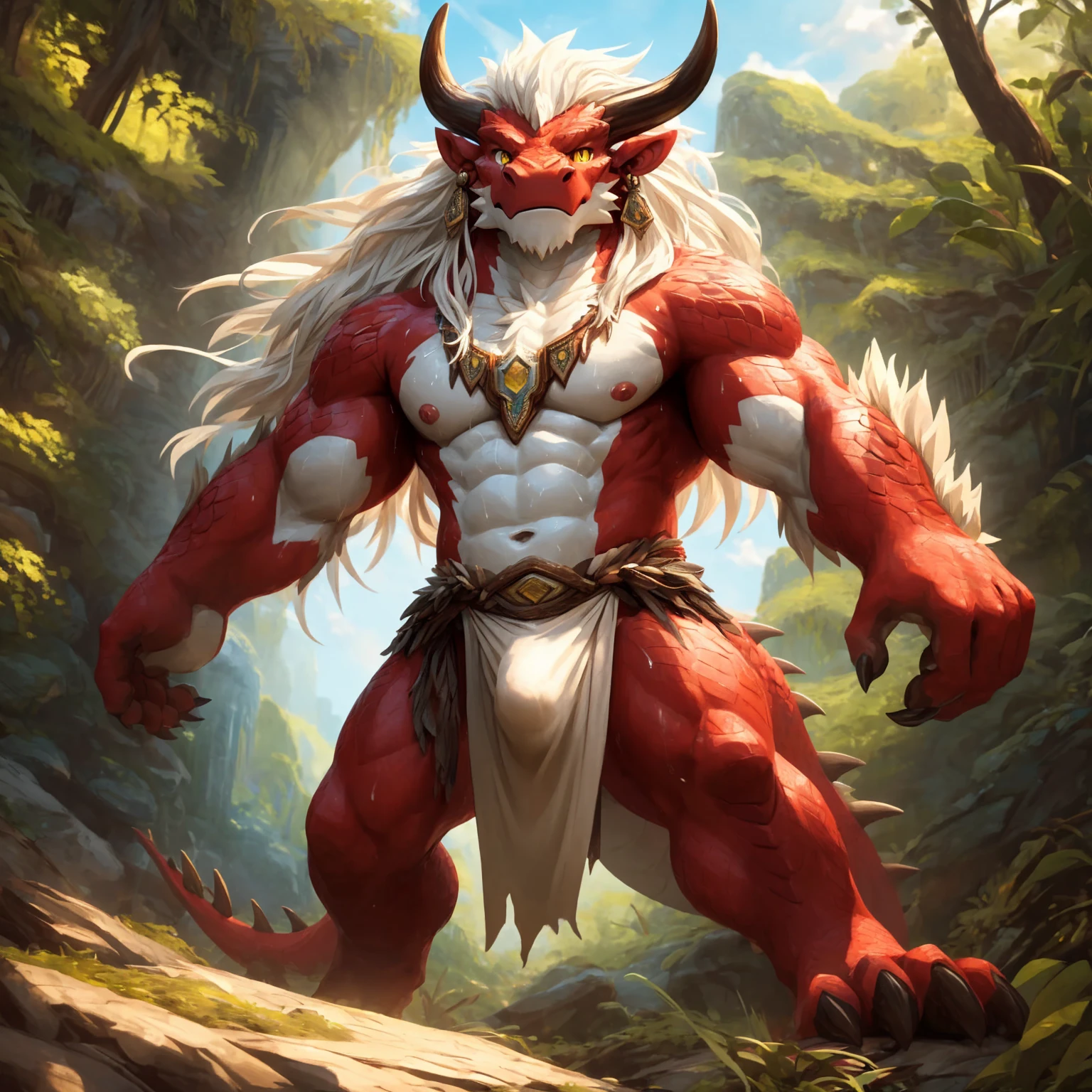 ultra-detailed, masterpiece, masterwork, high quality, best quality, hdr, (nature), nsfw, male, solo, chibi, dragon, ((nude, bulge loincloth, white loincloth)), (little red body minotaur), (white body), (long golden hair, yellow eyes, cool eyes), standing, cross your arms, dynamic angle, earrings, sweat
