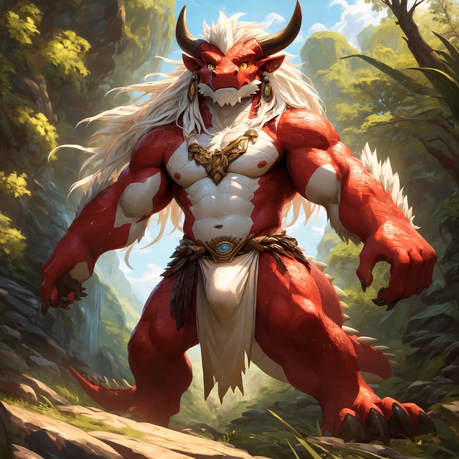 ultra-detailed, masterpiece, masterwork, high quality, best quality, hdr, (nature), nsfw, male, solo, chibi, dragon, ((nude, bulge loincloth, white loincloth)), (little red body minotaur), (white body), (long golden hair, yellow eyes, cool eyes), standing, cross your arms, dynamic angle, earrings, sweat