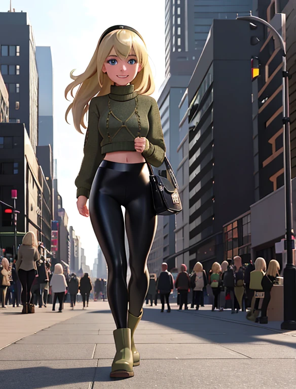 1girl, solo, (Gwen Stacy:1.1), platinum blonde hair, bright blue eyes, ((Wearing: Black headband, olive green sweater, shiny black leggings, Ugg Boots)),holding a handbag, looking at viewer with a relaxed and mellow smile, walking outside on New York streets, crowds of people on the surroundings, full body, busy atmosphere, cinematic lighting, detailed background,
