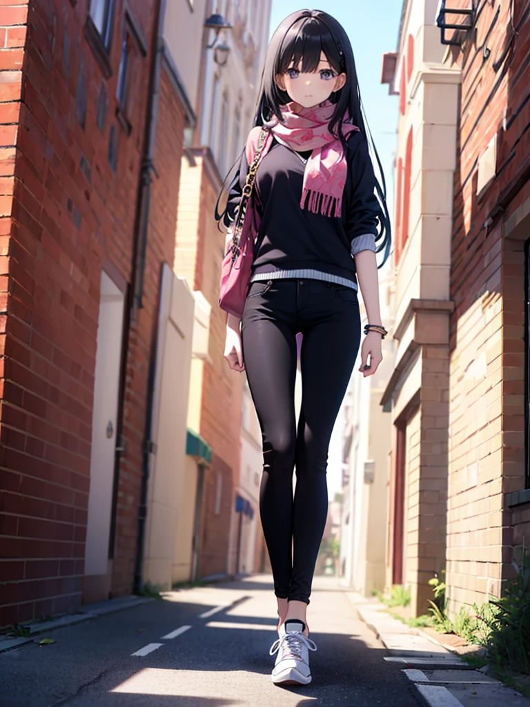 1girl,,legwear,,anklet,black hair,straight_hair,hime cut,long hair,sneakers,huge filesize,scarf，Black pants