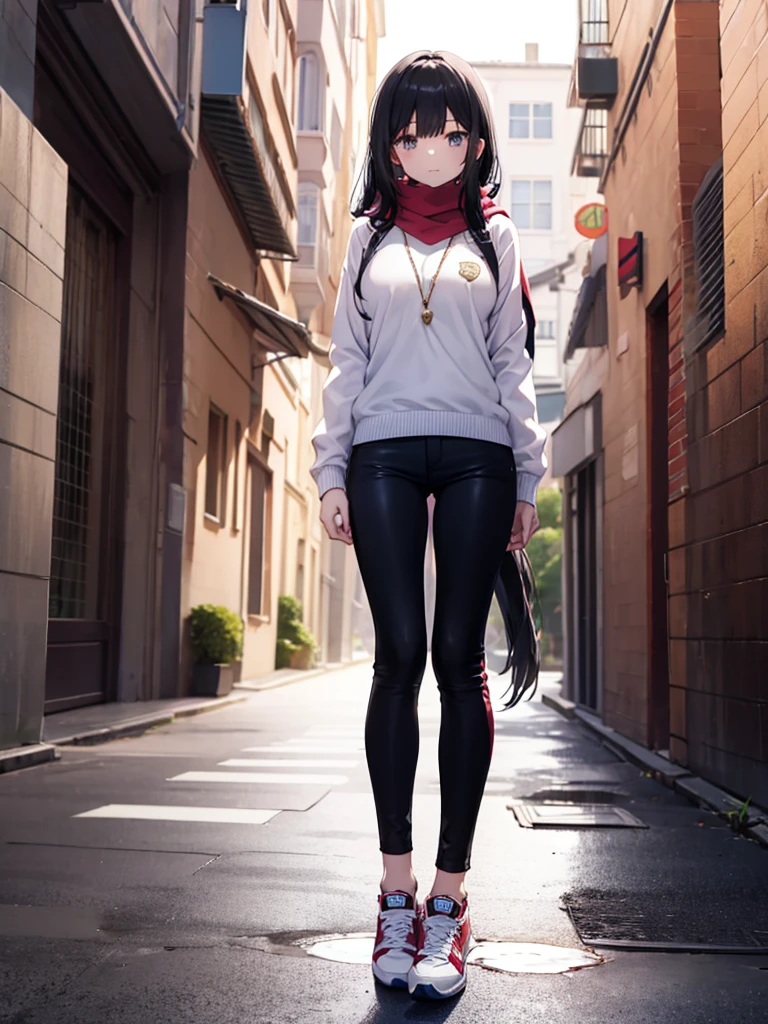 1girl,,legwear,,anklet,black hair,straight_hair,hime cut,long hair,sneakers,huge filesize,scarf，Black pants