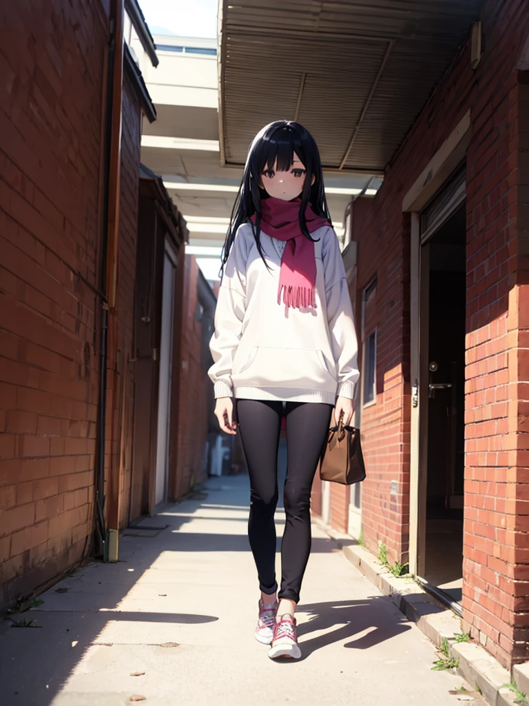 1girl,,legwear,,anklet,black hair,straight_hair,hime cut,long hair,sneakers,huge filesize,scarf,Black pants