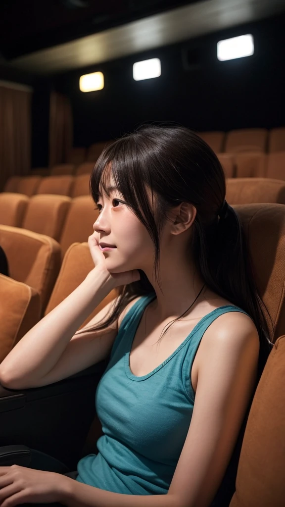 A Japanese girl in her 20s is watching a movie in a dimly lit movie theater, the light from the screen shining on her face, crying as she watches the screen