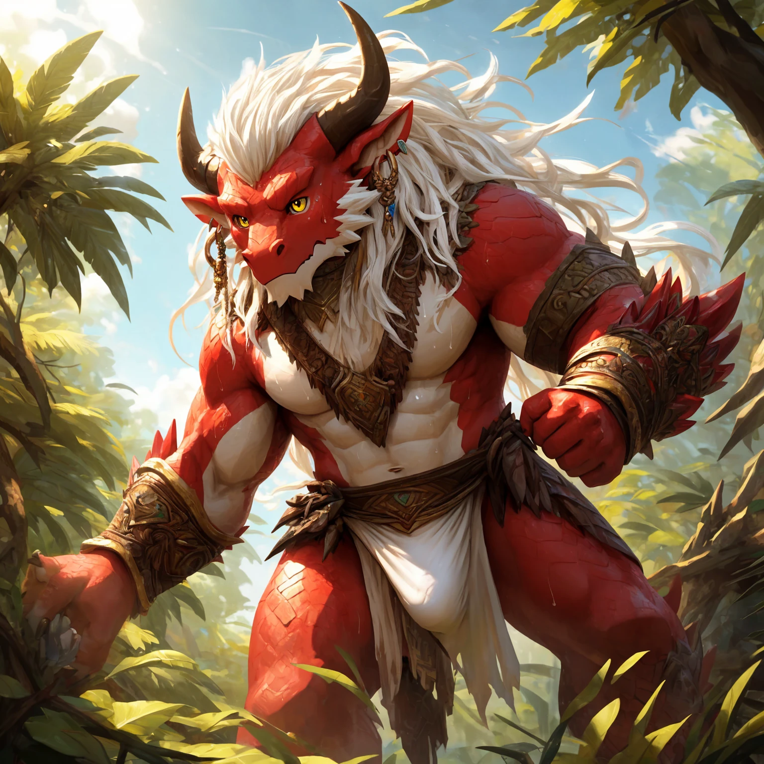 ultra-detailed, masterpiece, masterwork, high quality, best quality, hdr, (nature), nsfw, male, solo, chibi, dragon, ((nude, bulge loincloth, white loincloth)), (little red body minotaur), (white body), (long golden hair, yellow eyes, cool eyes), standing, cross your arms, dynamic angle, earrings, sweat
