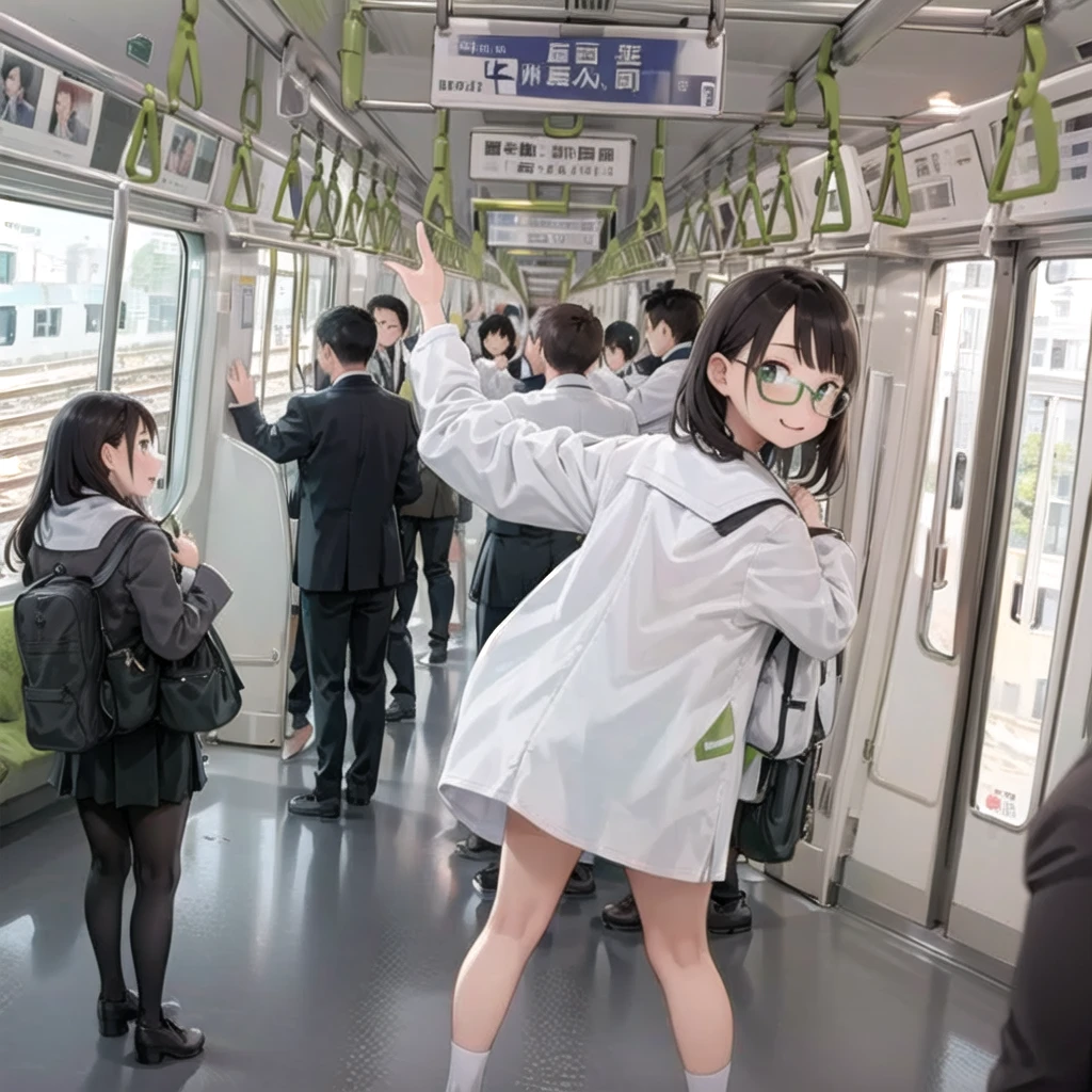 Highest quality, Super detailed, figure,
Multiple Girls, Small breasts , Black Hair, Glasses, school bag, smile, Laughter, View your viewers, crowded train、Lots of schoolgirls、１man、A man stands behind a woman、A man is touching a woman's ass、
e235, Inside the train, scenery, Sheet, window, screen, Realistic, photograph background, photograph (Moderate), photographRealistic, close、Surrounded by men１Schoolgirls
 