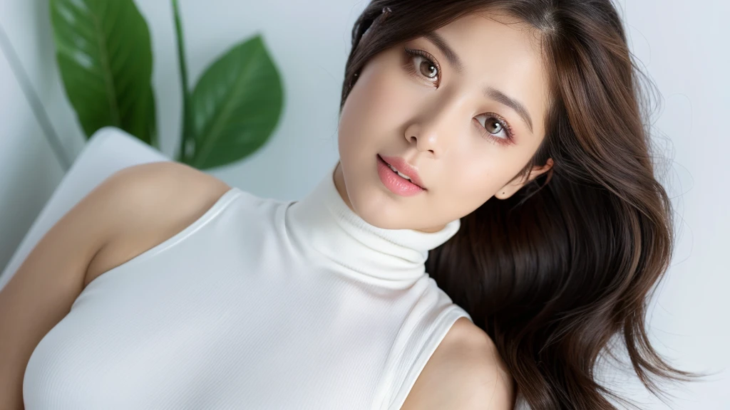 (detailed face),VIVID,normal breasts,pretty,chair,sleeveless and turtle neck white silky clothes,4k ,super high resolution ,(photo-realistic: 1.7),white background,long hair,