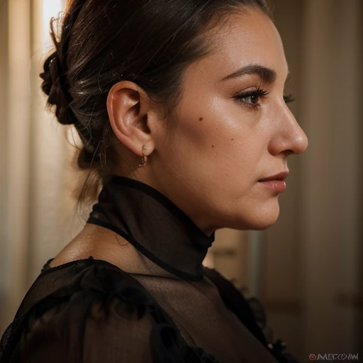 Ultra realistic photo of the historic Madame in profile with mole on her forehead