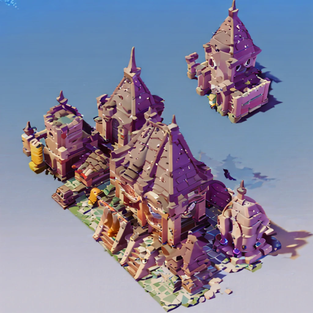 Game architecture design,Isometric，45 degrees from above，Realism,Medieval Magic Castle，casual game style, 3d, Blender，close up，masterpiece，Super Detail，Best quality