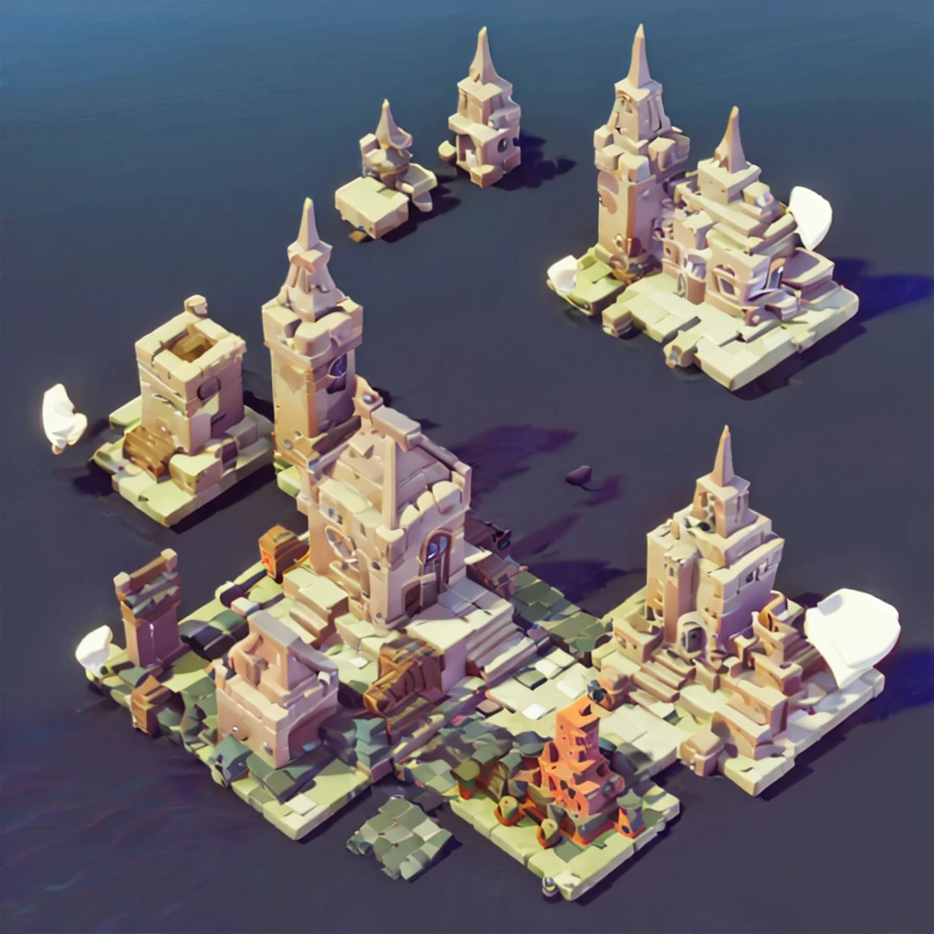 Game architecture design,Isometric,45 degrees from above,Realism,Medieval Magic Castle,casual game style, 3d, Blender,close up,masterpiece,Super Detail,Best quality