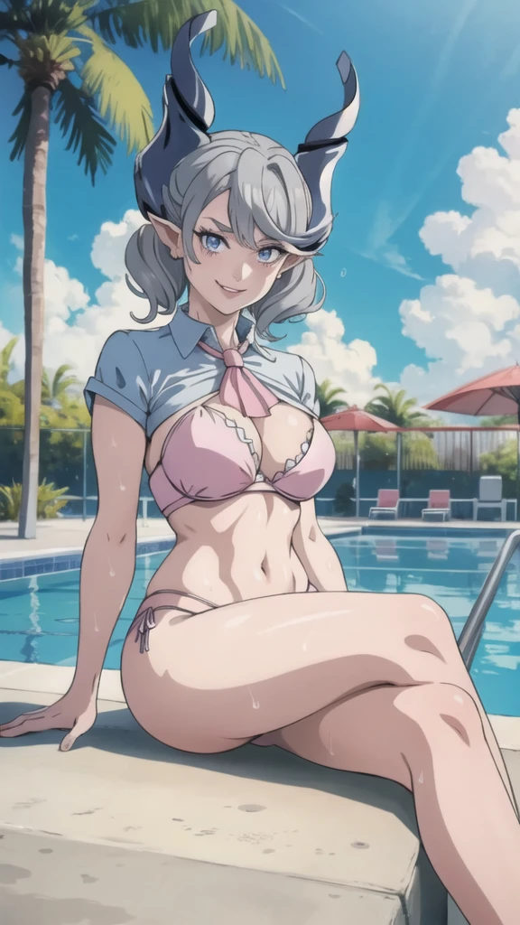 　High level image quality　best image quality　8K　 adult woman    pool party  rain　palm trees  more colors   whole body view　portrait　 bikini   　horn    ears  　short hair（（shortcut）（gray hair）（perm）（fluffy））　eye color is blue ,  , 　attractive evil face , smile   ,  sexy pose   ,  labrynth ,  barearm    , wearing pink shirt    , sitting on person by the pool , crossed legs  , all wet , wet hair 