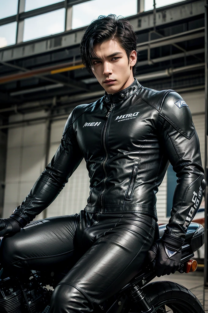 man, with motorcycle suit, model, high, with muscular body, with short black hair, modeling.