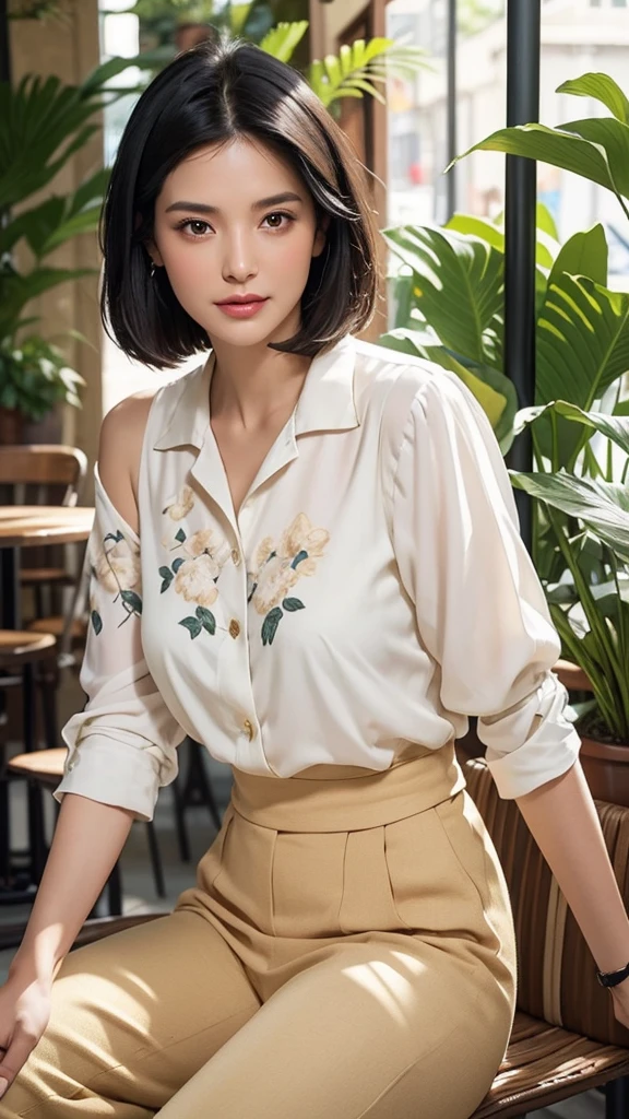 A stunning middle-aged woman with shoulder-length, straight black hair, sitting at an outdoor café in the city. She is dressed in a chic white blouse with floral patterns and a pair of beige capri pants. The background features a bustling city street with people walking by, potted plants around the café, and a warm summer glow. High-resolution, realistic depiction.