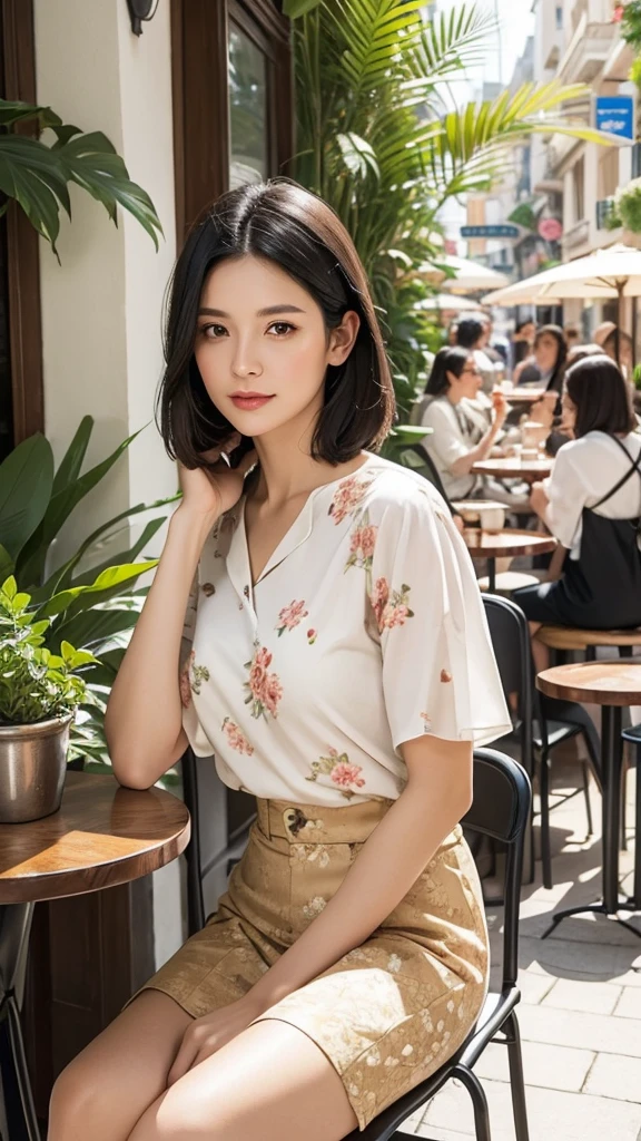 A stunning middle-aged woman with shoulder-length, straight black hair, sitting at an outdoor café in the city. She is dressed in a chic white blouse with floral patterns and a pair of beige capri pants. The background features a bustling city street with people walking by, potted plants around the café, and a warm summer glow. High-resolution, realistic depiction.