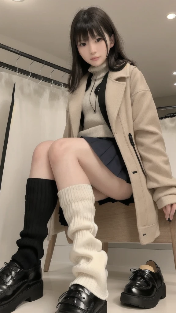 One girl,face,bangs,(Highest quality, masterpiece), Shiny body, Shiny skin,One girl, mobile phone, skirt, (wearing pantyhose and black loose socks), Beige Parka, white short pleated skirt, Crossbody Bags, (Clothing store:1.3), From below, loose socks, A pile of socks, Leg spread, Spread your legs,Raise your knees,Sitting,
Yutori
