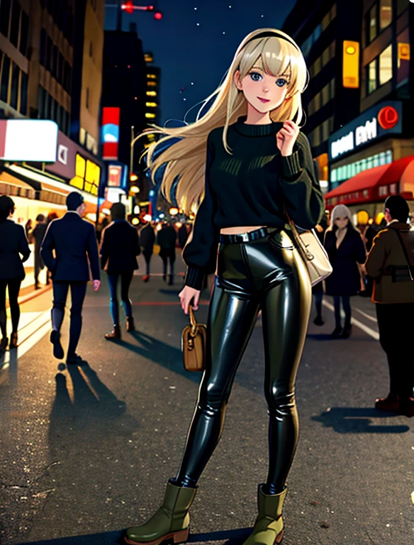 1girl, solo, (Gwen Stacy:1.1), platinum blonde hair, bright blue eyes, ((Wearing: Black headband, olive green sweater, shiny black leggings, Ugg Boots)),holding a handbag, looking at viewer with a relaxed and mellow smile, walking outside on New York streets, crowds of people on the surroundings, full body, busy atmosphere, cinematic lighting, detailed background,