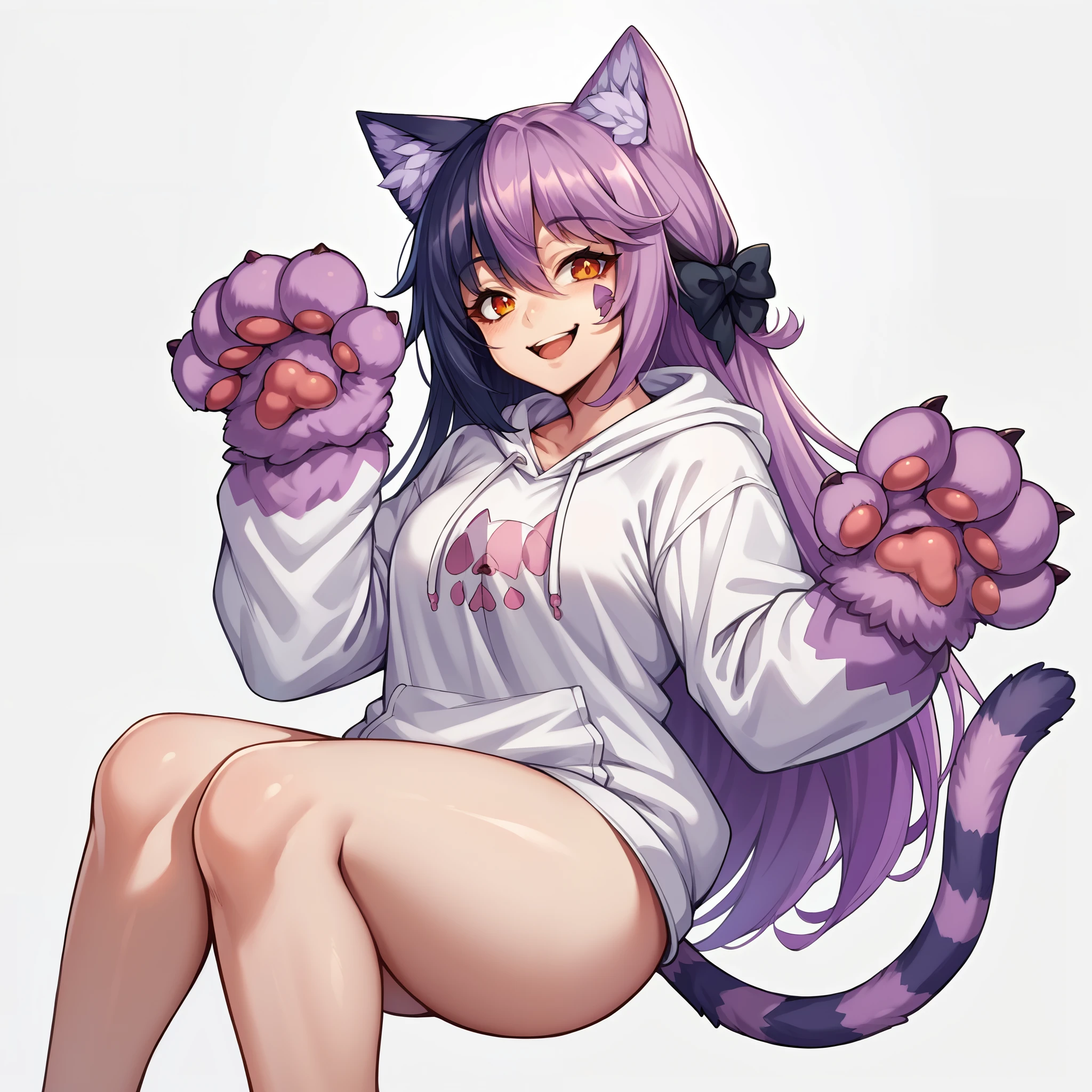 score_9, score_8_up, source_anime, CheshireMGE, two-tone hair, long hair, hair bow, cat paws, facial mark, striped tail, smile, open mouth, white hoodie, long sleeves, oversized hoodie, bottomless, thick thighs, v, simple background, white background, 