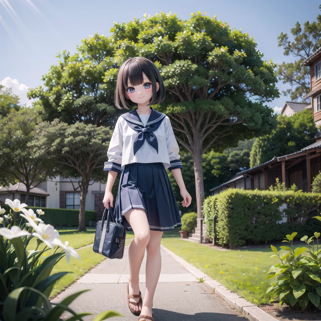 (masterpiece),  town,  blue sky,  One Girl,  smile,  alone,  Sailor suit、Long skirt,  Overgrown,  petal,  plant、Skirt lining、Translucent slip、Nostalgic