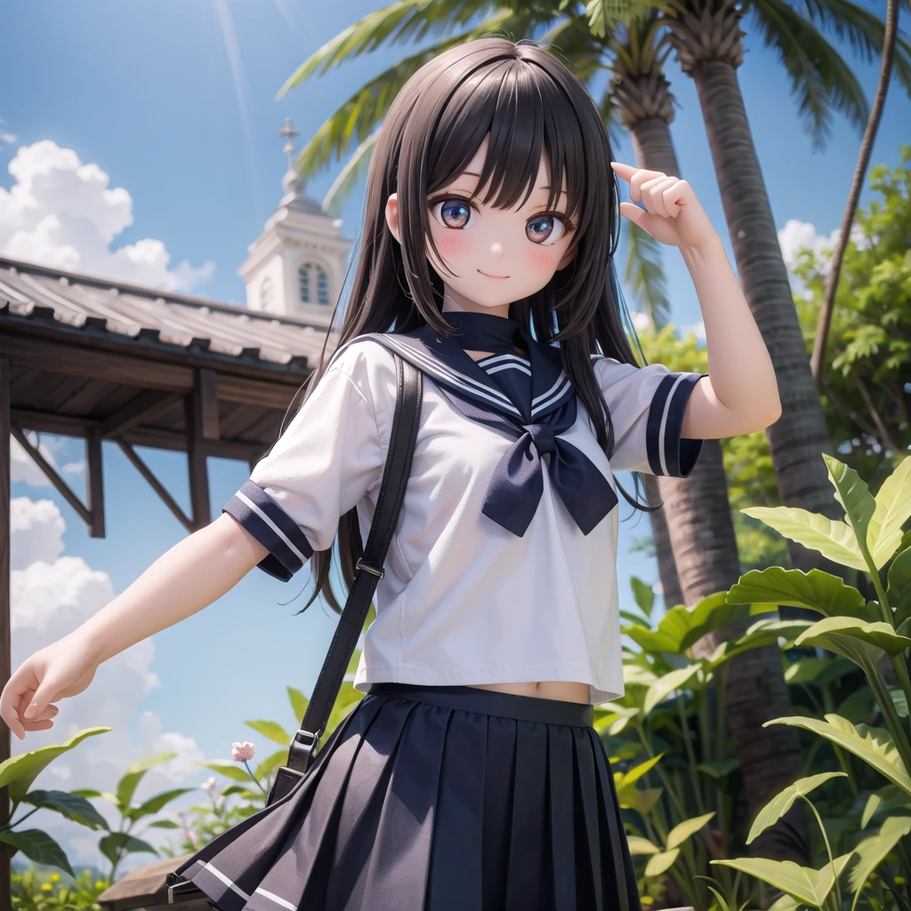 (masterpiece),  town,  blue sky,  One Girl,  smile,  alone,  Sailor suit、Long skirt,  Overgrown,  petal,  plant、Skirt lining、Translucent slip、Nostalgic